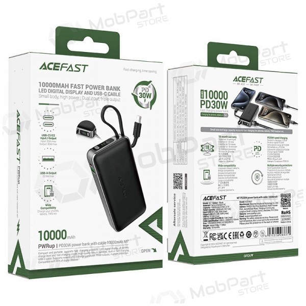 externe Batterie Power Bank Acefast M7-10000 PD30W With Cable 10000mAh Schwarz