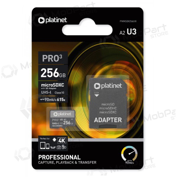 Speicherkarte Platinet MicroSD 256GB (class10 UHS-III 90MB/S) + SD Adapter