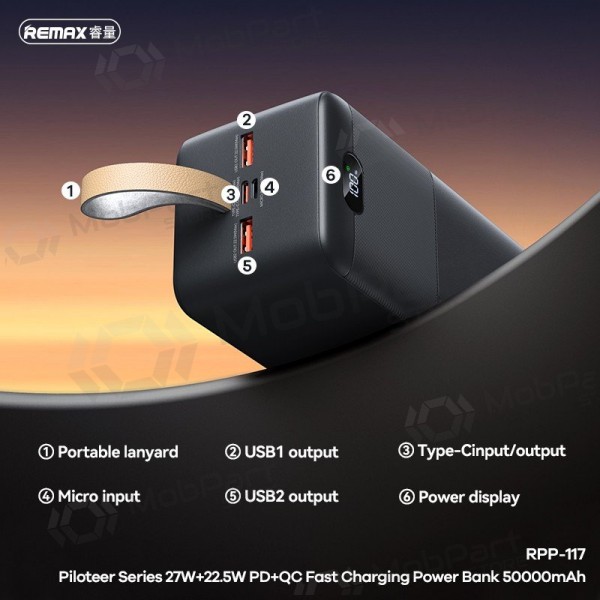 externe Batterie Power Bank Remax RPP-117 22.5W 50000mAh Schwarz