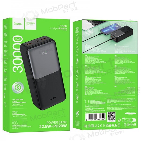 externe Batterie Power Bank Hoco J136B 22.5W+PD20W 30000mAh Schwarz